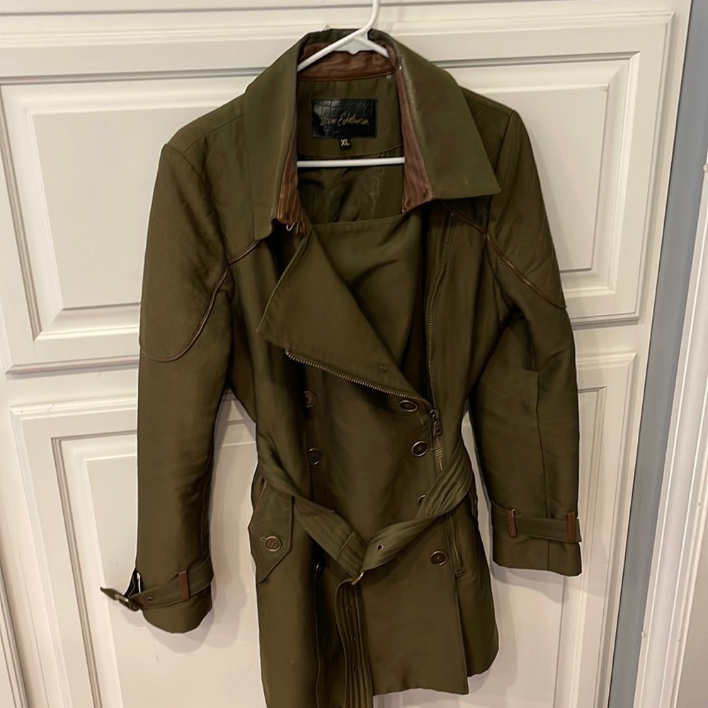 XL olive green and leather belted Sam Edelman trench coat.